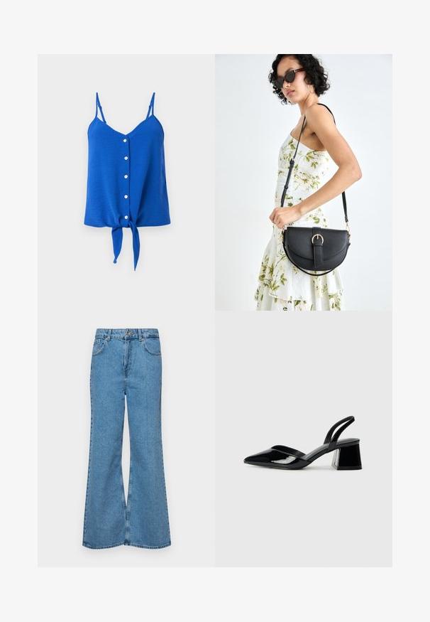 Blå ärmlös topp med v-ringning, sex vita knappar nedtill och en knut vid fållen. Strukturerad tyg med tunna axelband.; Ljust blå vida jeans i denim, med hög midja, fem fickor och en enda knappstängning. Mjuk textur med blekt finish.; Svarta lackläder slingback klackar med spetsig tå och geometrisk klack. Har en elegant, minimalistisk design och slät yta.; Svart läderhandväska med en böjd form, avtagbar rem och guldiga detaljer. Väskan har ett lock med en spänndetalj.