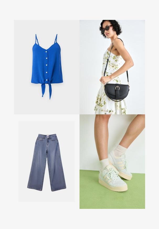 Blue sleeveless top with a v-neck, six white buttons down the front, and a tied knot at the hem. Textured fabric with thin straps.; Wide-leg denim jeans in a light blue wash, featuring a high waist, front pockets, and a button closure with belt loops.; Light green sneakers with a textured surface, featuring three white stripes, a cream rubber sole, and lace-up design. Worn with light socks.; Black leather handbag with a curved shape, detachable strap, and gold hardware. The bag features a flap with a buckle detail.