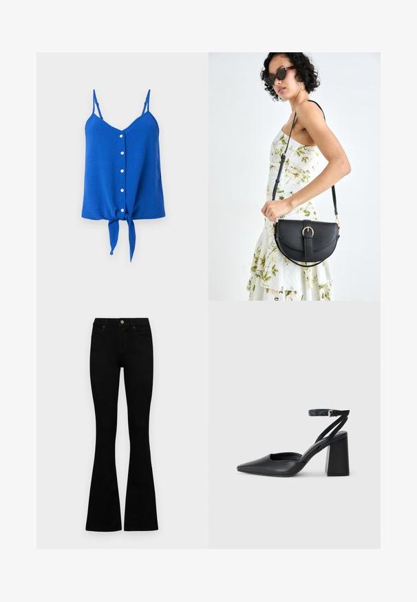 Top senza maniche blu con scollo a V, sei bottoni bianchi sul davanti e un nodo legato all'orlo. Tessuto texture con spalline sottili.; Jeans neri a vita alta con chiusura a bottoni e zip, tasche frontali e gambali svasati, distesi su uno sfondo bianco.; Pump in pelle nera con punta affusolata, cinturino alla caviglia e tacco spesso. Texture piatta, design elegante ed estetica minimalista.; Borsa a tracolla nera in pelle con una forma curva, manico rimovibile e accessori dorati. La borsa presenta una patta con un dettaglio a fibbia.