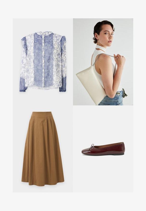 Blusa com padrão floral azul e branco, tecido transparente, fecho frontal com botões, mangas com babados, decote redondo, texturizada com detalhesintrincados.; Saia A-line de algodão castanho com cintura alta, apresentando pregas na parte da frente e uma textura suave. As bordas da bainha são limpas e simples.; Bailarinas em couro sintético borgonha com bico redondo, pequeno laço na frente e sola baixa em borracha preta. Textura suave.; Bolsa de mão retangular branca, feita de material brilhante, com uma alça em corrente prateada. Modelo posa, exibindo a bolsa contra um fundo simples.