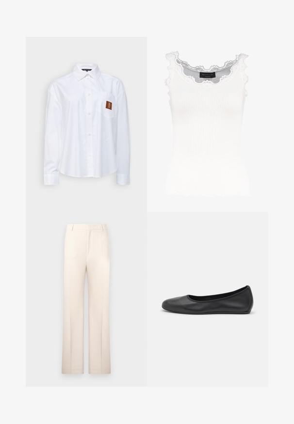 Camisa blanca de botones de algodón. Presenta un bolsillo en el pecho con un parche de cuero marrón, mangas largas y un diseño de cuello clásico.; Top de tirantes blanco de canalé con encaje en el escote y las mangas. Presenta una textura suave y una forma ajustada. Etiqueta de la marca visible en el interior.; Pantalones tailored beige con un diseño de pierna recta, hechos de tela ligera. Presentan pliegues en la parte delantera y una cintura clásica.; Bailarina de piel negra con punta redondeada, textura suave, detalle de costura minimalista y diseño de suela flexible.