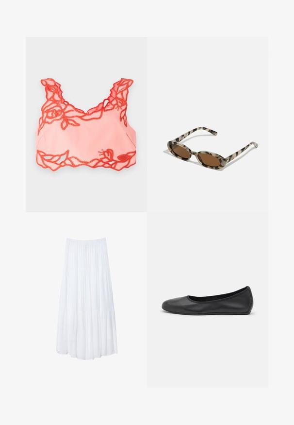 Světle růžový bralette s červeným květinovým krajkovým lemem podél okrajů a vlnitými ramínky, vyrobený z měkké tkaniny pro hladký pocit.; Bílá, vrstvená maxi sukně vyrobená z lehkého materiálu. Má elastický pas a volný střih s jemnou, subtilní texturou.; Černé kožené baletní byty s kulatou špičkou, hladkou texturou, minimálními švy a flexibilním designem podrážky.; Želvovinové sluneční brýle s oválnými čočkami, hnědým tónem a tenkými vzorovanými stranami. Lehký plastový materiál s jemnými zlatými akcenty.