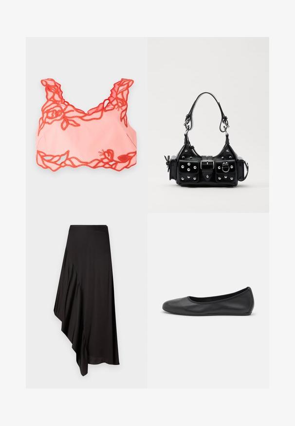 Bralet roz deschis cu detalii din dantelă florală roșie pe margini și bretele zimțate, realizat dintr-un material moale pentru un finisaj neted.; AERON ASTER SKIRT - Fustă tip creion - black; Balerini din piele neagră, cu vârf rotund, textură netedă, detalii de cusătură minimale și un design al tălpii flexibil.; Geantă de piele neagră cu un design curbat, dotată cu studuri argintii, o cataramă și două buzunare laterale. Curea ajustabilă pentru opțiuni de transport.