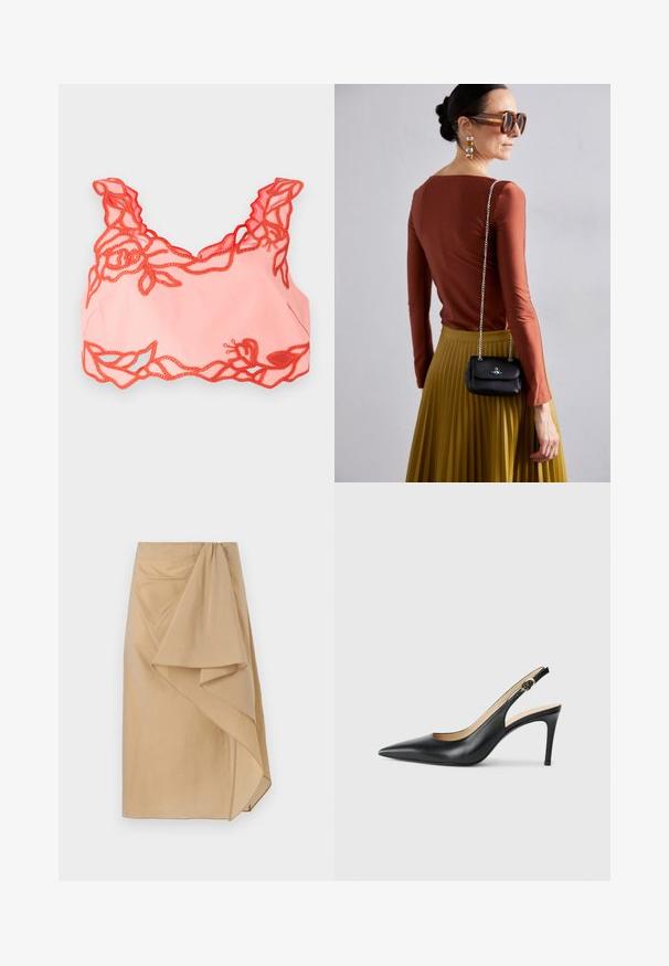 Gaiši rozā bralete ar sarkanu ziedu mežģīņu apdari gar malām un viļņotām siksnām, izgatavota no mīkstas auduma, sniedzot gludu apdari.; Beigha apakšsvārki vieglā audumā ar asimetrisku drapējumu, ar savilktu jostasvietu un gludu tekstūru. Bez redzamām aizdariem.; Melnas ādas sandales ar augstiem papēžiem un norādītu degunu, regulējama josta un elegants stiletto papēdis, kas izceļas ar gludu apdari.; Vivienne Westwood SMALL PURSE CHAIN - Plecu soma - black