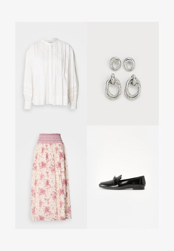 Balta blūze ar apaļu izgriezumu, pogu aizdari un vertikālām krokām. Garas piedurknes ar saplēstu tekstūru, izgatavota no viegla auduma.; Kreemas maxi svārki ar rozā ziedu un ģeometriskām rakstām. Iespējota elastīga josta pielāgojamai pieguvei, izgatavoti no viegla auduma.; Melns lakots ādas loafers ar plakanu zoli, apaļu purngalu un dekoratīvu jostu ar zelta toņa akcentu. Gluda, spīdīga apdare.; Sudraba tonēti metāla auskari ar divām dizaina variācijām: savītas apaļas gredzens un gluds apaļš pīrsings. Atstarojoša virsma pastiprina eleganci.
