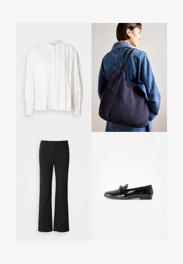 Weiße Bluse mit rundem Halsausschnitt, Knopfleiste und vertikalen Falten. Lange Ärmel mit gerafftem Textur, aus leichtem Stoff.; Schwarze Baumwollmischungshose mit geradem Bein, vorderem Knopfverschluss und zwei Seitentaschen. Glatte Textur, keine sichtbaren Muster.; Schwarze Lackleder-Lederschuhe mit flacher Sohle, runder Spitze und einem dekorativen Riemen mit einem goldfarbenen Akzent. Glattes, glänzendes Finish.; Marinefarbene Leinenschultertasche mit weicher, strukturierter Form, ausgestattet mit einem schwarzen Riemen, genähten Details und einem kleinen Markenschild.