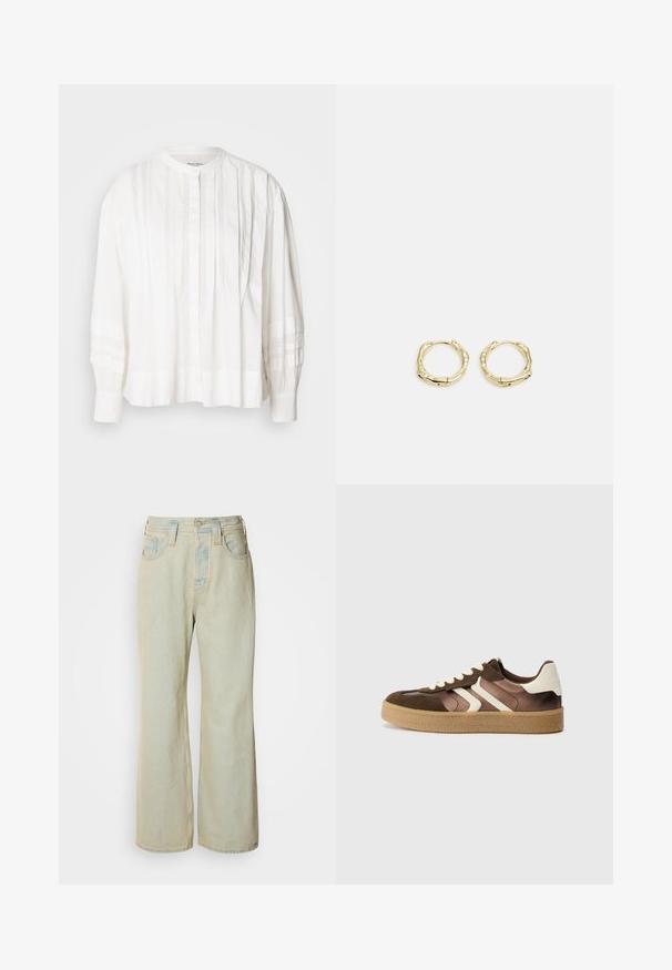 Blusa bianca con scollo rotondo, chiusura a bottoni e pieghe verticali. Maniche lunghe con texture arricciata, realizzata in tessuto leggero.; Jeans blu chiaro a gamba larga realizzati in denim, con vita alta, cinque tasche e un leggero sbiadimento con accenti di cucitura a contrasto.; Sneaker marroni e crema realizzati in una combinazione di materiali scamosciati e satinati, con tre strisce diagonali e una suola in gomma testurizzata.; Orecchini a cerchio in oro con una forma irregolare e texture. Presentano una chiusura senza giunture e una finitura superficiale lucida, che enfatizza un design moderno.