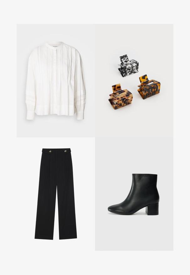 Fehér blúz, kerek nyakkivágással, gombos záródással és függőleges ráncolással. Hosszú ujjak összegyűrt textúrával, könnyű anyagból készült.; Fekete, bő szárú nadrág magas derékkal, gombos részletekkel a derékrészen és elülső pliszékkal.; Fekete bőr bokacsizma hegyes orral és vastag sarokkal. Sima felület minimális díszítéssel és karcsú, passzos kialakítással.; Három hajcsat: egy fekete-fehér márványos, két teknősbékás barna és fekete árnyalatú, mind fényes műanyagból, texturált felülettel készült.