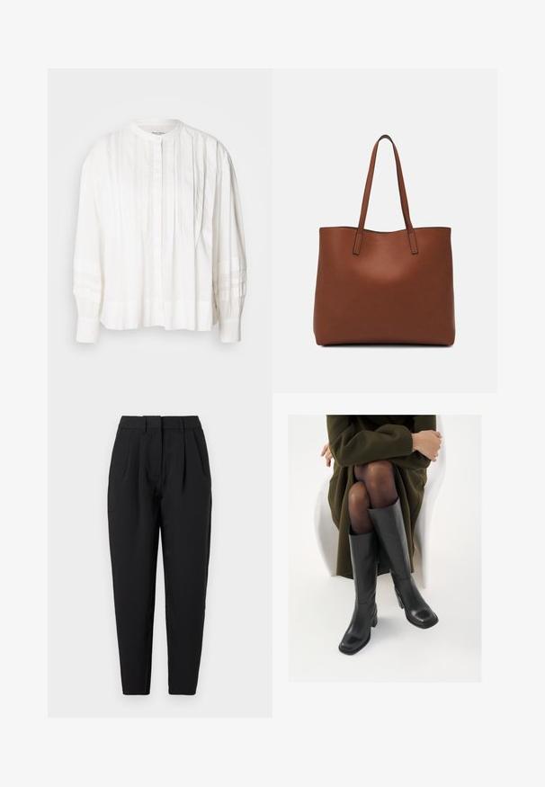 Blusa blanca con un escote redondo, cierre de botones y pliegues verticales. Mangas largas con textura recogida, fabricada en un tejido ligero.; Pantalones negros de corte recto, con pliegues en la parte delantera, textura suave y bolsillos laterales. La cinturilla es de altura estándar.; Botas de cuero negro hasta la rodilla con puntera cuadrada y tacón de bloque, presentadas con un modelo sentado en un abrigo verde oliva. Textura suave, mínimo detalle.; Bolso tote de cuero marrón con una textura suave, diseño de apertura superior y dos correas para el hombro. Presenta una costura mínima y sin herrajes visibles.