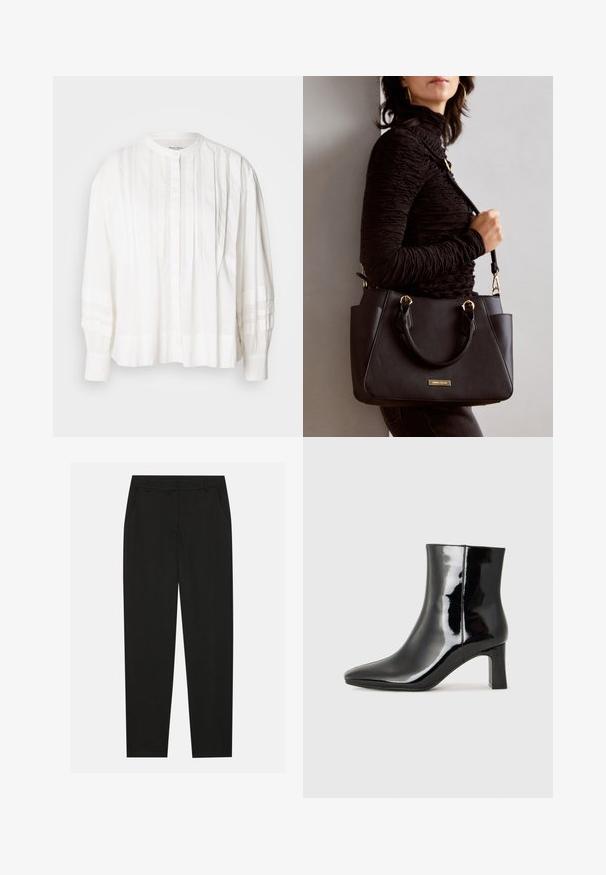 Witte blouse met een ronde halslijn, knoopsluiting en verticale plooien. Lange mouwen met een geplooide textuur, gemaakt van lichte stof.; Zwarte broek met een tailormade ontwerp, voorzien van zijzakken en een rechte pijp. Gemaakt van een soepele, lichte stof met een strakke afwerking.; Zwarte gepolijste leren enkellaars met een spitse neus en een blokhak van gemiddelde hoogte. Glad textuur en minimalistisch ontwerp.; Zwarte handtas met gestructureerd oppervlak, dubbele bovenhandvatten en verstelbare schouderriem. Voorzien van goudkleurige hardware en zijzakken.