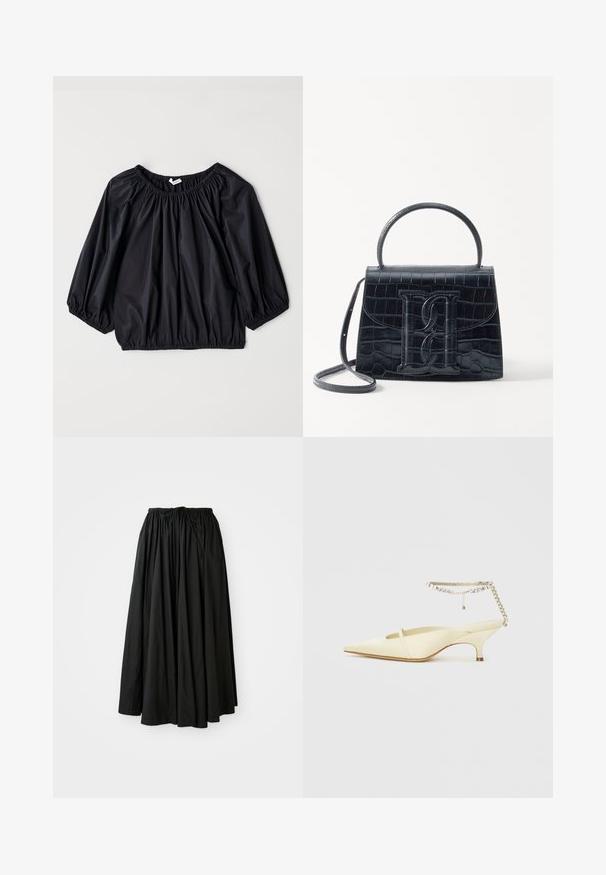 Črna, lahka bluza z elastičnim izrezom in manšetami. Ima ohlapno, balonasto obliko in gladko, sijočo teksturo.; Črna, krila do gležnjev iz lahkega materiala. Ima nabran pas z vrvico za prilagodljivo prileganje in razširjen silhueto.; Rumena satenska čevlja s koničastim nosom in nizkim petkom, z dekorativnim zapestnim trakom, okrašenim s kamenčki. Gladka tekstura, minimalen dizajn.; Črna ročno vsebovana torbica iz usnja z reliéfom krokodila, z oblikovanim dizajnom, zgornjo ročajem, prilagodljivo zanko in izstopajočim logotipom spredaj.