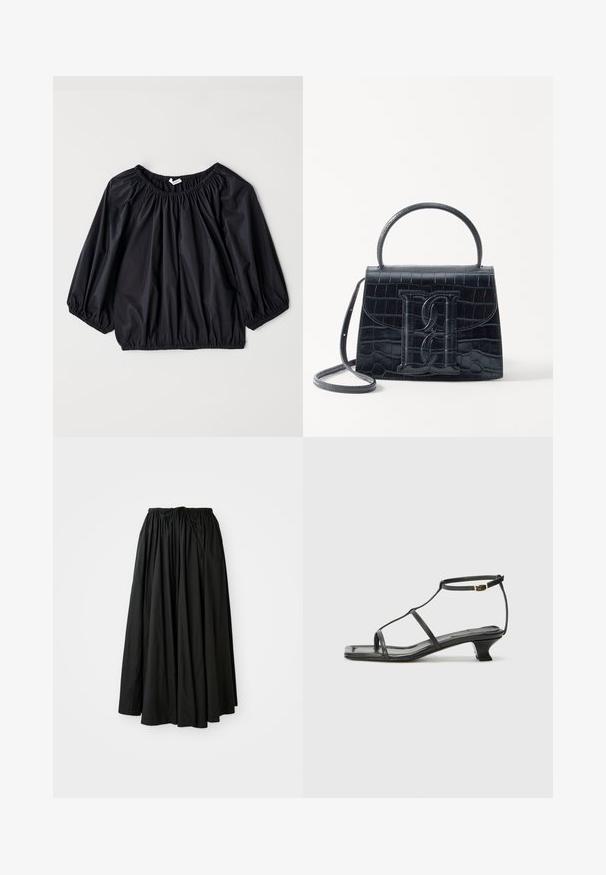 Schwarze, leichte Bluse mit einem elastischen Ausschnitt und Bündchen. Hat eine lockere, ballonartige Form und eine glatte, glänzende Textur.; Schwarze, knöchellange Skirt aus leichtem Stoff. Verfügt über einen gerafften Bund mit einem Kordelzug für eine verstellbare Passform und eine ausgestellte Silhouette.; Schwarze Ledersandale mit quadratischer Zehenpartie, dünnen Riemen, verstellbarem Knöchelriemen und einem niedrigen Absatz. Mit einem kleinen goldenen Akzent am Riemen.; Schwarze Handtasche aus Krokodilprägung mit strukturiertem Design, Oberhandgriff, verstellbarem Tragegurt und einem auffälligen Logo-Detail auf der Vorderseite.