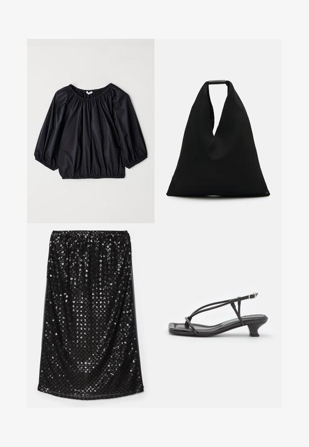 Melnā, vieglā blūzē ar elastīgu kakla izgriezumu un piedurknēm. Tās forma ir brīva, kā balons, un tekstūra ir gluda un spīdīga.; Melna spīguļota svārki ar elastīgas jostasvietas. Tam ir gluda tekstūra, kas piepildīta ar spīdīgiem sudraba spīguļiem, radot atstarotāju virsmu.; Melnas ādas sandales ar plānām siksniņām, zemu blokveida papēdi un kvadrātveida deguniem. Ar sprādzi un gludu tekstūru.; Melnas auduma iepirkumu soma ar unikālu V formas dizainu un gludu tekstūru. Aprīkota ar īsu rokturi un minimālistisku aparatūras detaļu.