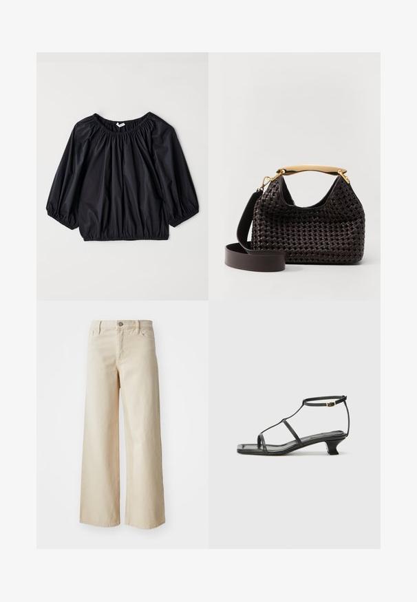 Fekete, könnyű blúz, rugalmas nyakkivágással és mandzsettákkal. Laza, ballon formájú és sima, fényes textúrával rendelkezik.; Beige, bőszárú farmernadrág, magas derekú, gombos záródással, övhurkokkal és oldalzsebekkel. Sima textúrájú és laza szabású.; Fekete bőr szandál, négyzet alakú orral, vékony pántokkal, állítható bokapánttal és alacsony sarokkal. A pánton egy kis arany dísz található.; Elleme BOOMERANG WOVEN - Kézitáska - brown