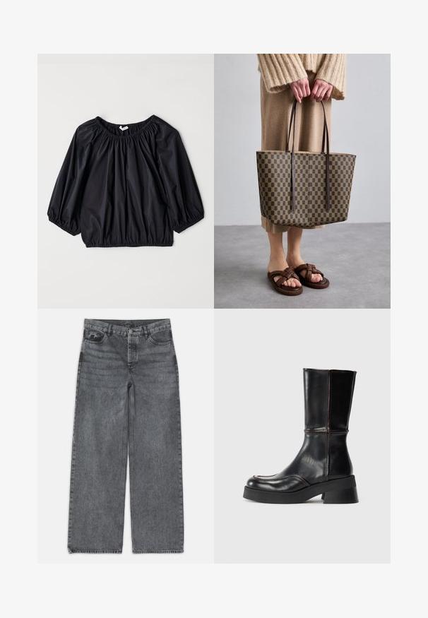 Mustmust, kerge pluus elastse kaela ja mansetiga. Omab lahtist, õhku täis kuju ja siledat, läikivat tekstuuri.; Laia püksid tumedas hallis denimis. Omavad kõrget vööd, viit taskut ning esist nööbist sulgemist. Sile pind kerge kulumisega.; Must musta pahkluu saabas, millel on plokk-kreen, kontrastõmblused ja kumer varvas. Sile tekstuur, stiilne siluett.; Pruun mustriga kott mustade käepidemetega, valmistatud vastupidavast materjalist. Seljas beež kudum ja rihmadega pruunid sandaalid.