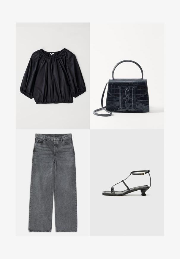 Fekete, könnyű blúz, rugalmas nyakkivágással és mandzsettákkal. Laza, ballon formájú és sima, fényes textúrával rendelkezik.; Sötét szürke denim széles szárú farmer. Magas derekú, öt zsebes kialakítással és elöl gombos záródással rendelkezik. Simább textúrájú, enyhe kopással.; Fekete bőr szandál, négyzet alakú orral, vékony pántokkal, állítható bokapánttal és alacsony sarokkal. A pánton egy kis arany dísz található.; Fekete krokodilbőr hatású kézitáska, amelynek strukturált kialakítása van, felső fogantyúval, állítható pánttal és egy kiemelkedő elülső logó részlettel.