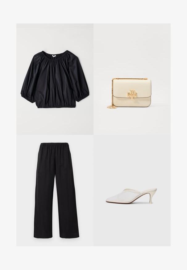 Blusa nera, leggera, con scollatura e polsini elastici. Presenta una forma ampia a palloncino e una texture liscia e lucida.; Pantaloni neri a gamba larga in un tessuto morbido e leggero, con vita elastica e orlo cucito, che offrono una vestibilità rilassata.; Mule bianco in rete con punta appuntita, tacco medio sottile e design slip-on su uno sfondo semplice.; Borsa a tracolla in pelle crema con catena dorata, caratterizzata da un accento del logo dorato sulla parte anteriore e linee pulite e eleganti.