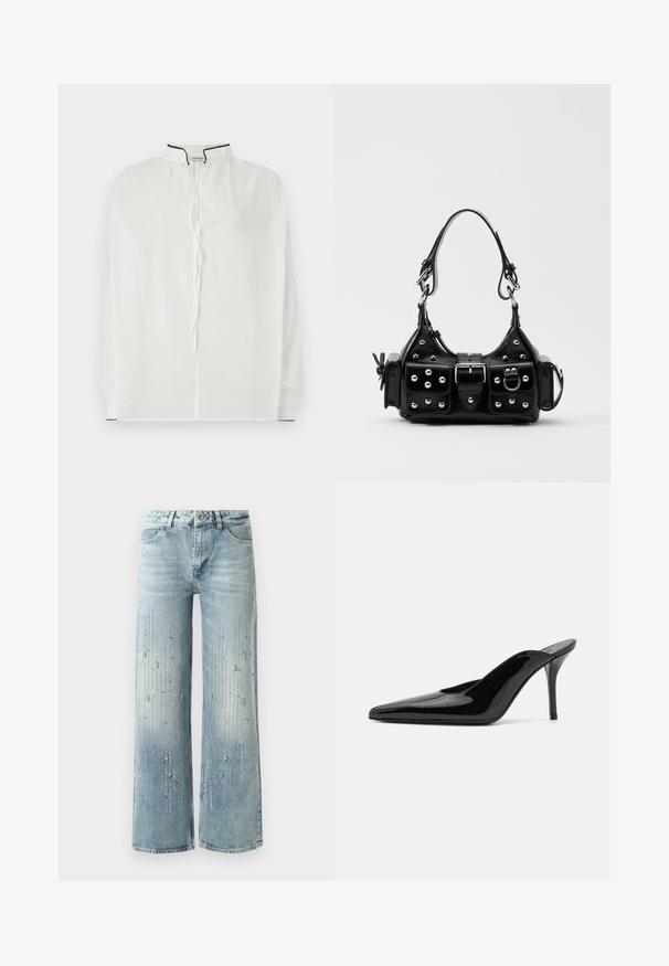 Bílá blůza s vysokým límcem, vybavená stahovací šňůrkou a kontrastním černým lemováním podél výstřihu a rukávů. Měkká látka.; Světle modré široké džínové kalhoty s gradientním barevným efektem a zdobením stříbrnými rhinestony v vertikálním vzoru.; Černé lakované kožené muly na vysokém podpatku s špičatou špičkou a elegantním siluetou, s otevřenou zadní částí a štíhlým stiletto podpatkem.; Černá kožená kabelka s křivkovým designem, zdobená stříbrnými hřebíky, s přezkou a dvěma bočními kapsami. Nastavitelný popruh pro různé možnosti nošení.