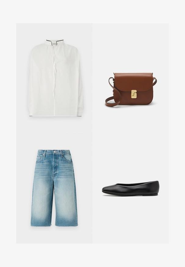 Hvid bluse med høj krave, der har snørelukning og kontrasterende sort piping langs udskæringen og ærmerne. Blødt stof.; Lysblå denimshorts med en falmet vask. Har et lige, bredt ben-design og en frynset kant, samt for- og baglommer.; Paul Smith TOPANGA - Ballerinasko - black; Brun læder håndtaske med flaplukning, hardware i gyldent tone, en skulderrem og en glat overflade. Kompakt rektangulær form.