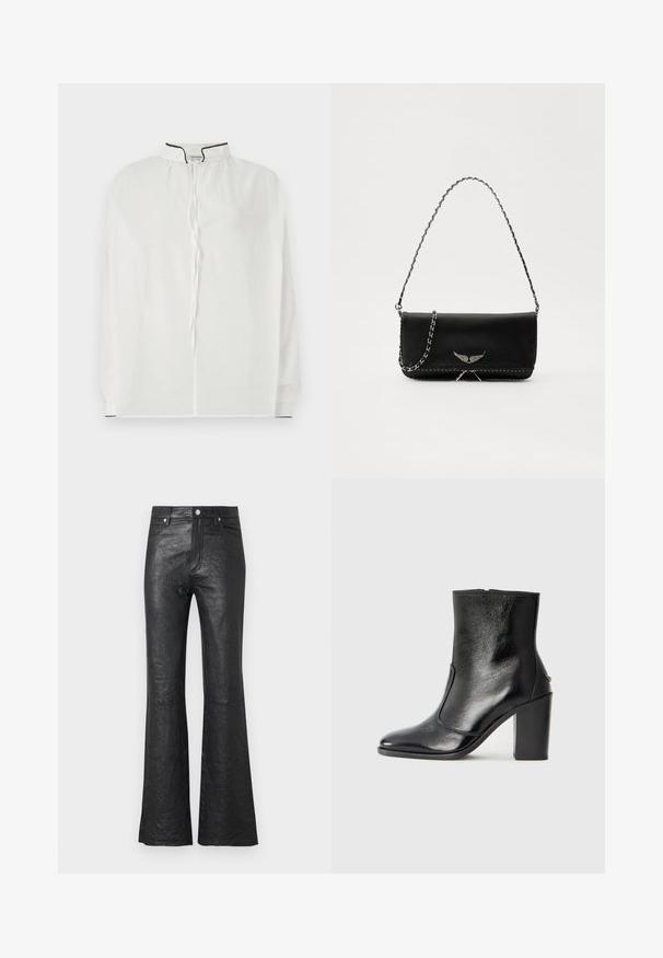 Biela blúzka s vysokým golierom, s nastaviteľným šnúrkovým zapínaním a kontrastnými čiernymi lemami pozdĺž výstrihu a rukávov. Mäkka tkanina.; Čierne kožené rozšírené nohavice s krčenou textúrou, vysokým pásom, prednými vreckami a klasickým zapínaním na gombík so zipsom.; Čierna kožená kotníková obuv s hladkým povrchom, špicatou špičkou a masívnym vysokým podpätkom. Zdobená bočným otvorom a minimalistickým dizajnom.; Čierna kožená kabelka so strieborným reťazovým popruhom, so zdobnými krídelnými akcentmi a bielym prešívaním pozdĺž dolného švu.