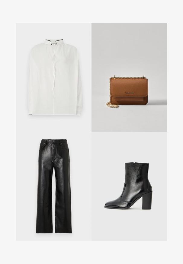 Balta blūze ar augstu apkakli, kurai ir šņore, un kontrastējoša melna apmale ap kakla un piedurknēm. Mīksta auduma.; Plati melnas ādas bikses ar spīdīgu apdari, aprīkotas ar priekšējām kabatām, rāvējslēdzēja aizdari un pogu aizdari. Vienmērīga tekstūra visā biksēs.; Melnas ādas potīšu zābaki ar gludu tekstūru, smailu purngalu un masīlu augstu papēdi. Iekļauts sānu atvērums un minimālistisks dizains.; Brūna teksturēta ādas plecu soma ar zelta ķēdes siksnu un atloka aizdari. Priekšpusē ir logotipa detaļa un kabata zem atloka.