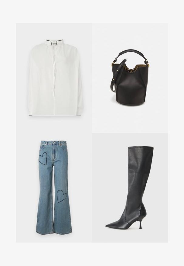 Valge pluus kõrge kaelusega, millel on nööriga sulgemine ja kontrastne must äär õlal ja varrukatel. Pehme materjal.; Heledad sinine teksapükste lõwa, mille esiosas on kaks tumedat sinist südamepläätsi. Klassikaline viie tasku disain ja nupuga sulgemine.; Knee-high mustad nahksaapad terava nina ja kitsaste stiilsete kontsadega. Sile tekstuur sobiva disainiga ja õmblused ülemisel serval.; Mustast nahkämbriga kott tekstuurses viimistluses, kuldsete metalldetailide aktsentidega ja avatud ülaosaga. Omab lühikest käepidet ja reguleeritavat õlavarre rihma.