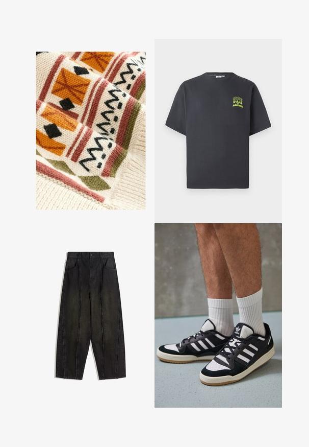 Knitted blanket featuring a cream base with geometric patterns in terracotta, green, and black, providing texture through its woven design.; Charcoal gray Adidas T-shirt with short sleeves and a small neon green graphic of speakers, sun, and Adidas logo on left chest.; Black wide-leg denim pants with visible seams and frayed edges, featuring two front pockets and a high-waisted design.; Black and white sneakers with a suede and leather upper, featuring three white stripes, a perforated toe, and a gum rubber sole.