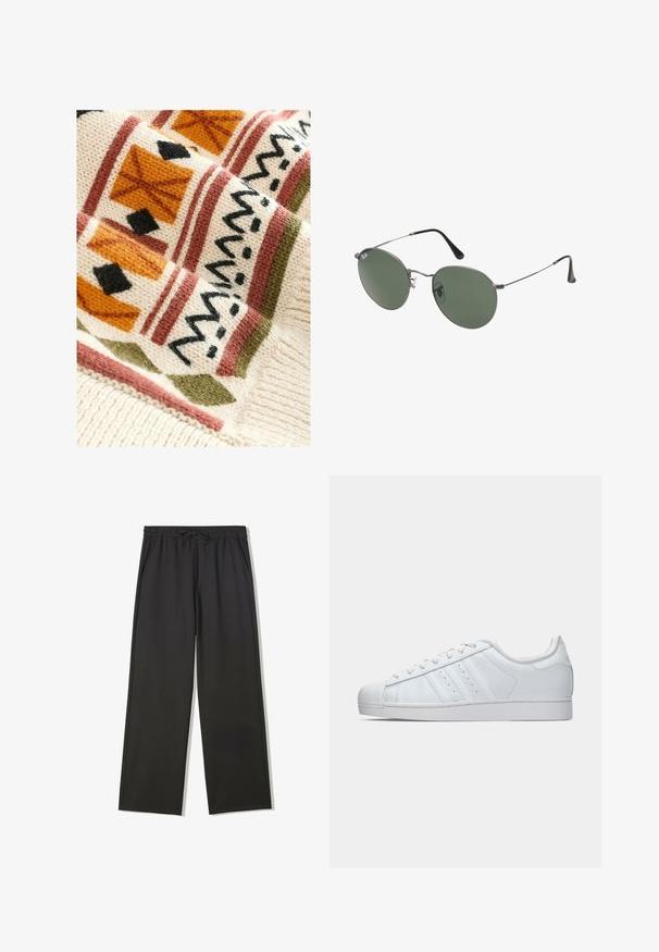 Neulepeitto, jossa on kermaisen värinen pohja ja geometristen kuvioiden yhdistelmä terrakottaa, vihreää ja mustaa, tuoden tekstuuria kudontasuunnittelunsa kautta.; Mustat, leveälahkeiset, elastisella vyötäröllä varustetut housut, joissa on nyöri, sivutaskut ja sileä, kevyt kangas.; Valkoinen nahkasneakeri, jossa on текстuroitu kuminen varvaskansi, kolme sivuviivaa ja pehmustettu kaulus. Litteät valkoiset nauhat ja minimaalinen muotoilu.; Aurinkolasit metallikehyksillä, joissa on soikeat vihreät linssit. Ohut hopeinen metallikehys ja mustat korvapehmusteet. Minimalistinen muotoilu, ei näkyviä logoja.