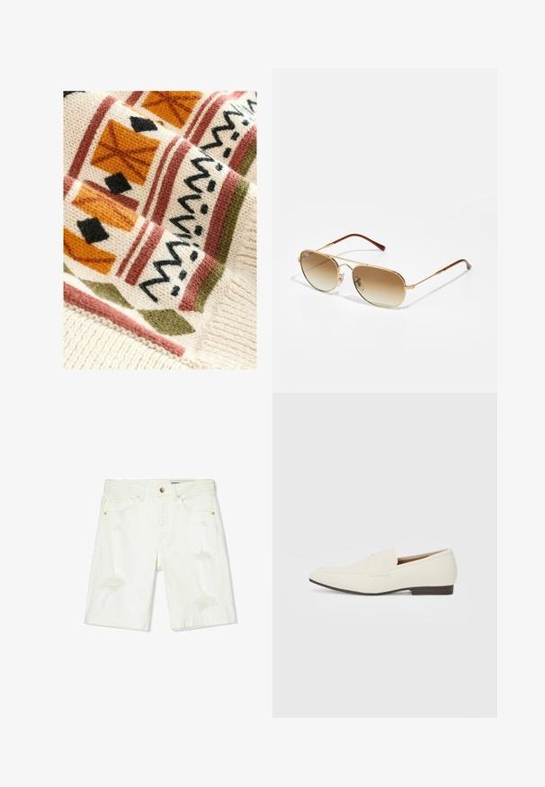Gestrickte Decke mit einer crema-farbenen Basis und geometrischen Mustern in Terrakotta, Grün und Schwarz, die durch ihr gewebtes Design Textur verleiht.; Weiße Denim-Shorts mit mittelhohem Bund, lässigen Details, fünf Taschen und kupferfarbenen Beschlägen. Glatte Textur mit einem lockeren Schnitt.; Hellbeige Slipper mit spitzem Zehenbereich, glattem Material, einem Riemen über dem Vorderfuß und einer niedrigen braunen Sohle. Einfaches Design mit minimalen Akzenten.; Goldfarbene Flieger-Sonnenbrille mit verlaufsbraunen Gläsern, Metallrahmen und braunen Kunststoffbügelspitzen. Glatte Textur, minimales Hardware-Detail.