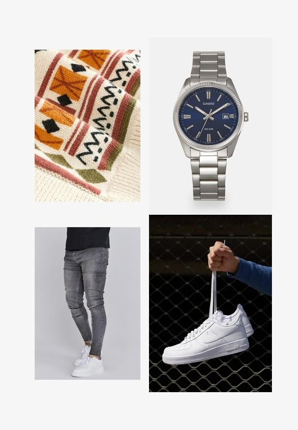 Kötött takaró, mely tejszínszínű alappal rendelkezik, terrakotta, zöld és fekete geometriai mintákkal, textúrát adva szőtt mintázatának.; Fakó szürke farmerből készült skinny farmernadrág, térdén kopott részletekkel, fehér sportcipővel párosítva. Simább anyag, karcsú szabás.; Fehér bőr sportcipők perforációval, kerek orral, lapos talppal és vastag fűzőkkel, látható swoosh logóval és "AIR" felirattal a sarokrészen.; Ezüst színű rozsdamentes acél karóránk sötétkék számlapja van, fém óraszámlálókkal és egy dátumablakkal a 3 órás pozícióban. 50 méterig vízálló.