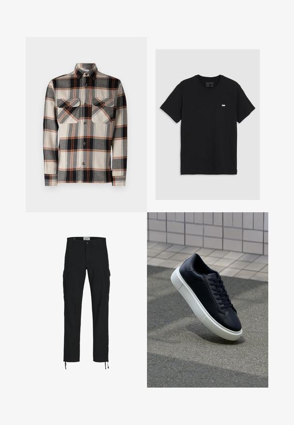 Jack & Jones JJDARREN - Skjorte - moonbeam; Svart bomulls t-skjorte med korte ermer, rund halslinning, har en liten hvit Levi's-logo på brystet, glatt tekstur, klassisk passform.; Svarte cargo-bukser med rett snitt, med sidelommer, knappelukking og elastiske snorer ved anklene. Laget av slitesterkt stoff.; Sorte skinnsneakers med rund tå og hvit gummisåle. Har flate lisser og minimal søm på overdelen. Strukturert såle for grep.