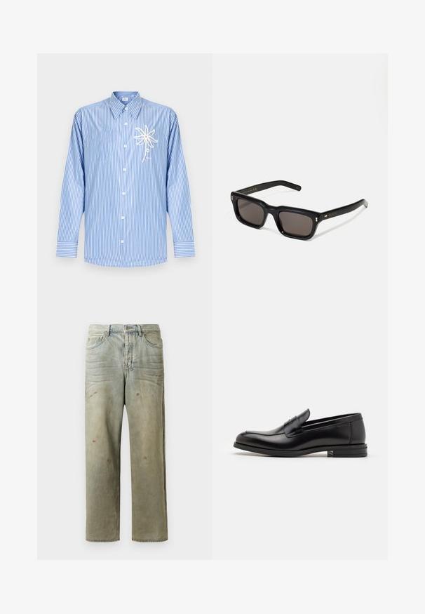 Modrá a biela pruhovaná košeľa s dlhým rukávom na gombíky, s bielym dizajnom kvetu z lana na ľavom náprsnom vrecku.; Zničené džínsy vo svetlozelenej farbe s rovnými nohavicami, piatimi vreckami a nerovnomerným vyblednutím so škvrnami od farby.; Čierne kožené mokasíny s hladkou textúrou, zaoblenou špičkou a dekoračným pásikom cez priehlavok. Nízky vrstvený opätok, minimalistický dizajn.; Čierne obdĺžnikové slnečné okuliare s tmavými sklami, hrubým plastovým rámom, zlatými detailami na spánkoch a vygravírovaným logom značky na ramene.