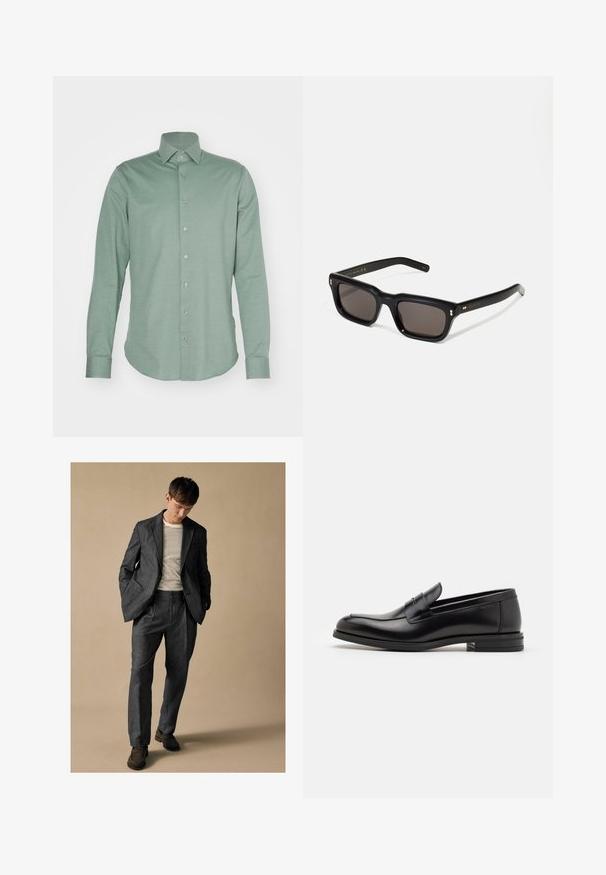 Világoszöld, hosszú ujjú, gombos ing sima anyagból készült. Klasszikus gallérral és gombos elülső résszel rendelkezik, hét látható gombbal.; Szürke szabott öltöny, háromszögletű hajtókával és elülső zsebekkel, csíkos inggel párosítva. A nadrágnak laza fazonja van és plisszé részletekkel rendelkezik. Barna cipő.; Fekete bőr loaferek sima textúrával, kerek orral és dekoratív pánttal a vampnál. Alacsony, rétegelt sarkú, minimalista dizájn.; Fekete téglalap alakú napszemüveg sötét lencsékkel, vastag műanyag keret, arany díszítések a szárakon, és a márka logója gravírozva a szára.