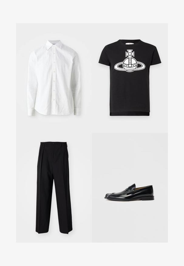 Hosszú ujjú fehér ing pamut keverékből, visszafogott rácsmintával, standard gallérral, gombos záródással és mandzsettákkal. Sima textúra.; Fekete, rövid ujjú póló, nagy fehér grafikával, amely egy stilizált gömböt és gyűrűt ábrázol, középen kereszt alakú keresztel.; Fekete, pliszírozott nadrág, egyenes, széles lábakkal. Sima anyagból készült, gombos záródással és övhurkokkal rendelkezik.; Fekete bőr mokaszinok sima felülettel, lekerekített orral, díszvarrással és alacsony rakott sarkakkal. Nincs látható márkajelzés.