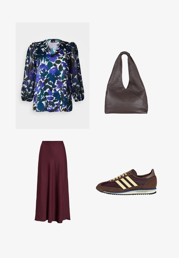 Lillelilledes pluus, millel on v-kaelus, pikad puffseened ja segu sinisest, rohelisest ja mustast värvist valgel taustal. Siidiselt pehme tekstuur.; Burgundi satäänist maxi seelik, mis on sileda tekstuuriga, kõrge vöökoht ja voolav siluett, mis laieneb õrnalt allääre suunas.; Pruun ja burgundi värvi tennised, mis on valmistatud karvase ja võrkmaterjaliga, sisaldavad kolme kreemjat triipu, tekstuurset kangast keelt ja kummist talla.; PRUUNIST nahk-kott, millel on lõtv ja üle suuruse disain. Varustatud silmadega käepideme ja sügava V-lõikega avamisega lihtsaks ligipääsuks. Pehme tekstuur, minimalistlik stiil.