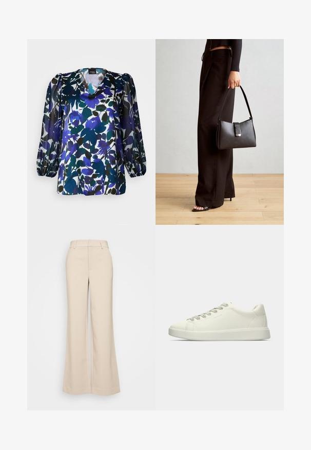 Blomstret bluse med v-hals, lange puffærmer og en blanding af blå, grøn og sort på hvid baggrund. Silkeagtig tekstur.; Beige vidde bukser med en glat overflade, der har en høj talje og to forlommer. Renset design med en skræddersyet pasform.; Hvide lave lædersneakers med snørebånd og flad gummisål, vist fra siden på en ensfarvet baggrund.; Sort håndtaske med struktureret form, glat overflade og metalspænde. Sammen med brede sorte bukser og sandaler med åben tå på trægulv.; Sølv øreringe i cirkel med en glat, skinnende overflade, der har en buet form og lukning med stift bagpå. Minimalistisk design med et moderne udseende.
