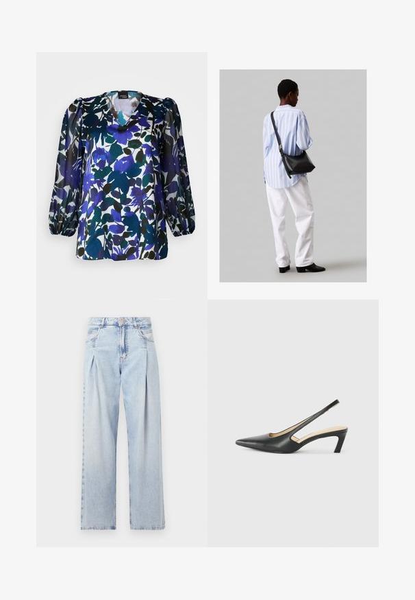 Gėlėta bluzelė su v-kaklu, ilgomis pūstomis rankovėmis ir mėlynų, žalių bei juodų spalvų mišiniu ant balto fono. Šilkinių tekstūrų.; Šviesiai mėlyni džinsai su aukštu liemeniu, plačiomis kojomis, dviem šoninėmis kišenėmis ir raukinių dizainu. Minkšta tekstūra su nudilusia apdaila.; Juodas smailus slingback batelis su žemu kulnu, pagamintas iš lygaus odos paviršiaus ir su išpjovomis šone, užtikrinančiomis oro pralaidumą.; Juodas odinis petinis krepšys su minkšta tekstūra, trikampiu pavidalu ir reguliuojama juosta, derinamas su šviesiai mėlynu dryžuotu marškinėliu ir baltais džinsais.