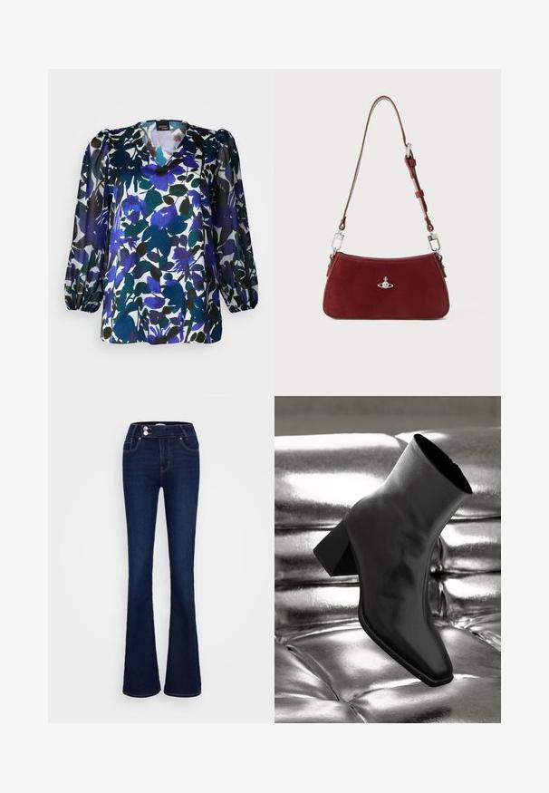 Floral blouse featuring a v-neck, long puff sleeves, and a mix of blue, green, and black colors on a white background. Silky texture.; Dark blue flared jeans featuring a high-rise waist, two front pockets, and two button closures. Made from denim with a smooth texture.; Black ankle boot made of glossy material with a square toe and tapered heel, set against a shiny silver tufted background.; Red suede shoulder bag with a curved shape. Features a silver-tone accent and adjustable strap with hardware detailing. Smooth texture.