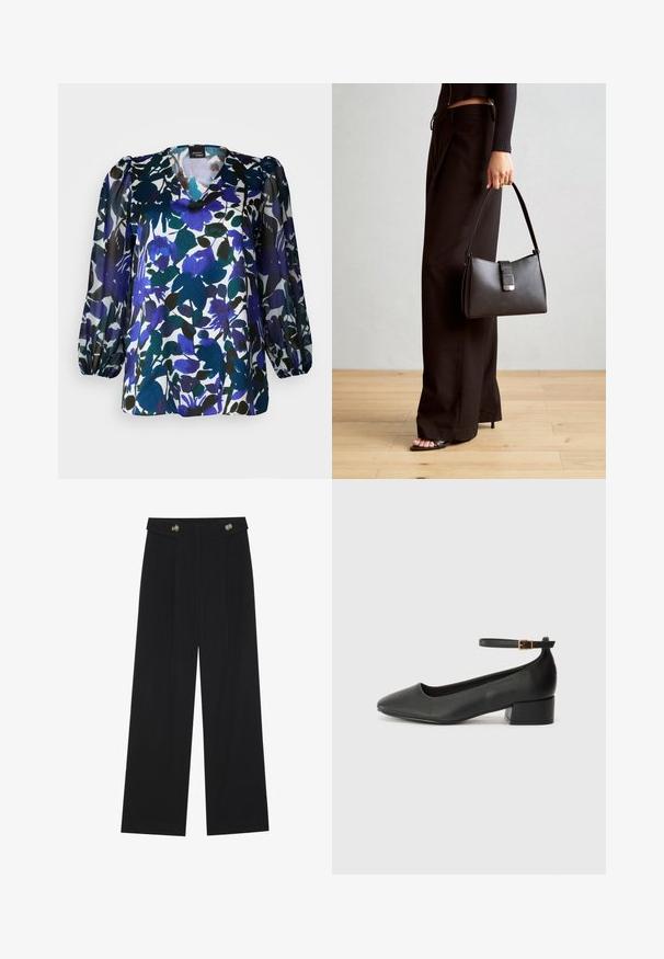 Blumenbluse mit V-Ausschnitt, langen Puffärmeln und einer Mischung aus Blau-, Grün- und Schwarztönen auf weißem Hintergrund. Seidige Textur.; Schwarze weite Hosen mit hoher Taille, Knopfdetails am Bund und vorderen Falten.; Schwarze Lederpumps mit spitzem Zehenbereich und niedrigem Blockabsatz. Mit einem Knöchelriemen und einer goldfarbenen Schnalle. Glatte Textur.; Schwarze Handtasche mit strukturierter Form, glatter Textur und einem metallischen Verschluss. Kombiniert mit weiten schwarzen Hosen und offenen Sandalen auf einem Holzboden.