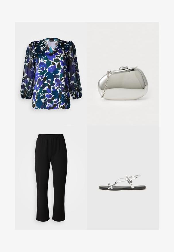Kvetinová blúzka s véčkovým výstrihom, dlhými bufantovými rukávmi a kombináciou modrej, zelenej a čiernej farby na bielej látke. Hodvábna textúra.; ONLY Carmakoma CARLAMA STRAIGHT - Nohavice - black; Strieborné metalické sandále s minimálnym dizajnom, s tenkými popruhmi a čiernou plochou podrážkou. Zaujímavé sú akcenty krížových popruhov.; Strieborná metalická kabelka s zaobleným, hladkým tvarom. Obsahuje uzáver a odnímateľný reťazový popruh. Reflexný povrch bez vzorov.