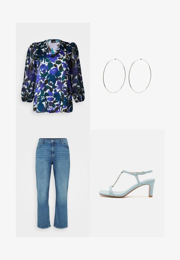 Kukallinen paita, jossa on V-pääntie, pitkät puffihiharesorit ja sekoitus sinistä, vihreää ja mustaa väriä valkoisella taustalla. Silkkinen pinta.; Vaaleansiniset farkut suoranlahkeisella designilla, joissa on viisi taskua, vyölenkit ja hillitty kuluminen edessä.; Vaaleansininen nilkkaremmin korkokenkä neliönmuotoisella varvastyylillä, jossa on metallinen yksityiskohta ja tyylikäs, sileä nahkatunne.; Hope hopeita hopeita, joissa on sileä, pyöreä muoto ja kiiltävä pinta. Ne ovat ohuita ja kevyitä, ja niissä on yksinkertainen lukitus.