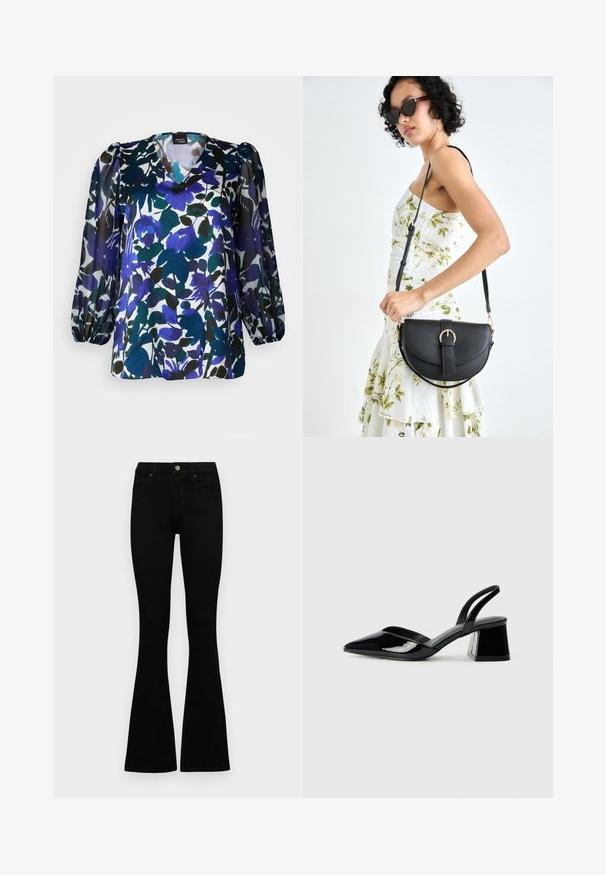 Lillelilledes pluus, millel on v-kaelus, pikad puffseened ja segu sinisest, rohelisest ja mustast värvist valgel taustal. Siidiselt pehme tekstuur.; Mustad kõrge vöökohtadega teksad, millel on nööp ja lukuga sulgemine, esikäe taskud ja laienevad sääred, asetatud tasasele valgele taustale.; Mustad musta lakknahk kingad, millel on terav varvas ja geomeetriline plokkkonts. Omab elegantselt minimalistlikku disaini ja sujuvat tekstuuri.; Mustmust mustraha kõverate joontega, eemaldatava rihmaga ja kuldsete detailidega. Kotil on klapp, millel on pandladetail.