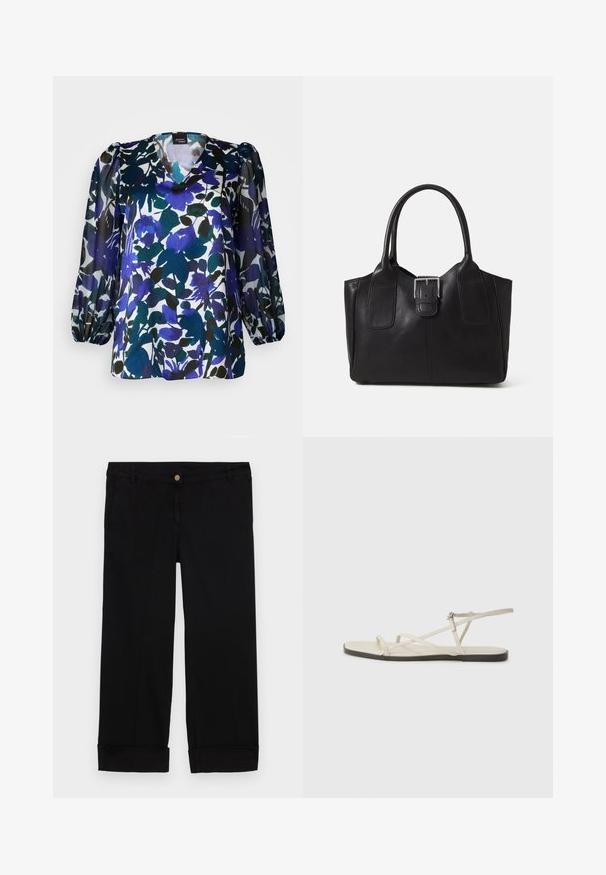 Bluză florală cu decolteu în V, mâneci lungi tip puff și un amestec de culori albastre, verzi și negre pe un fundal alb. Textură mătăsoasă.; Pantaloni negri din bumbac cu croi drept, având buzunare frontale, închidere cu un nasture auriu și manșete răsucite. Textură netedă.; Sandalie plate bej cu multiple bretele subțiri și o cataramă ajustabilă. Talpa este plată, cu un ușor contrast întunecat la margine.; Geantă tote din piele neagră cu textură netedă, formă structurată, două mânere și un detaliu proeminent din aliaj de argint pe partea din față.
