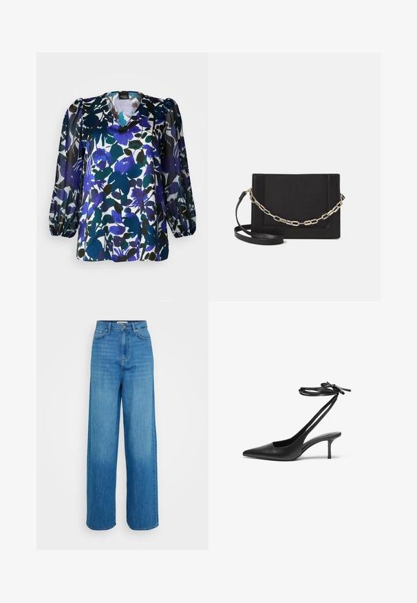 Blomstret bluse med v-hals, lange puffærmer og en blanding af blå, grøn og sort på hvid baggrund. Silkeagtig tekstur.; Blå højtaljede vide jeans med frontknap og lynlås, for- og baglommer samt stikninger i kanten på en hvid baggrund.; Sorte læder stiletto sko med spids tå, åben bag, og ankelstropper bundet i en sløjfe. Slank 3-tommers hæl. Glat overflade, minimalistisk design.; Sort læder crossbody taske med en glat tekstur, rektangulær form og en metallisk kæde detalje foran. Justerbar skulderrem inkluderet.; Sølvring med dobbeltbånd og en glat, poleret overflade. Den har et flydende, buet design med overlappende sektioner for et moderne udtryk.