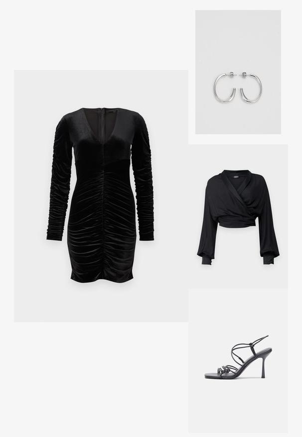 Sort cropped wrap-top lavet af glat stof, med lange ærmer med elastiske manchetter og satin krave-detalje.; Sort velourkjole med lange pufærmer, dyb V-hals og rynke detaljer foran. Lynlåslukning bagpå. Glat tekstur.; Sorte højhælede sandaler med tynde stropper og en knyttet design, en glat firkantet tå og en slank stiletto hæl.; Lys grå metallisk håndtaske med kædestrop, dekoreret med små runde metalliske studs og et trekantet brandlogo.; Sølv hoop øreringe med en glat, skinnende overflade. Rundet form, letvægtsdesign med post-back lukning.