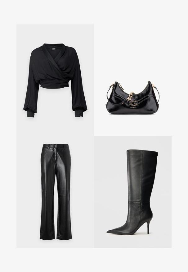 Top corto nero avvolgente realizzato in tessuto morbido, con maniche lunghe dotate di polsini elasticizzati e dettaglio in satin sul colletto.; Pantaloni in pelle nera con design a gamba dritta, dotati di chiusura frontale con bottone, passanti per cintura e una texture liscia e lucida.; Stivale in pelle nera al ginocchio con punta affilata e sottile tacco a stiletto, texture liscia, profilo laterale su sfondo neutro.; Borsa in pelle patent nera con design curvo, dettagli in metallo dorato e un logo prominente. Include una tracolla removibile.
