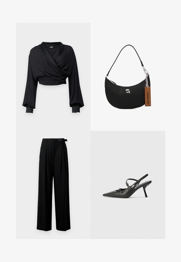 Fekete, rövidített, átkötős felső sima anyagból készült, hosszú ujjakkal, rugalmas mandzsettákkal és selyem gallér részlettel.; Fekete, bő szárú nadrág magas derékkal, elöl pliszírozva, és csattal ellátott övvel. Simább, könnyű anyagból készült.; Fekete bőrszíjjal ellátott magassarkú cipő, hegyes orral, karcsú sarkával és díszes csattal a vamp részén. Simás textúra és elegáns dizájn.; Fekete bőrtáska, melynek felülete szemcsés, ívelt formájú, felül zippzárral záródik, ezüst színű fémrészletekkel és barna cimkével rendelkezik. Jellemzője a logós díszítés.