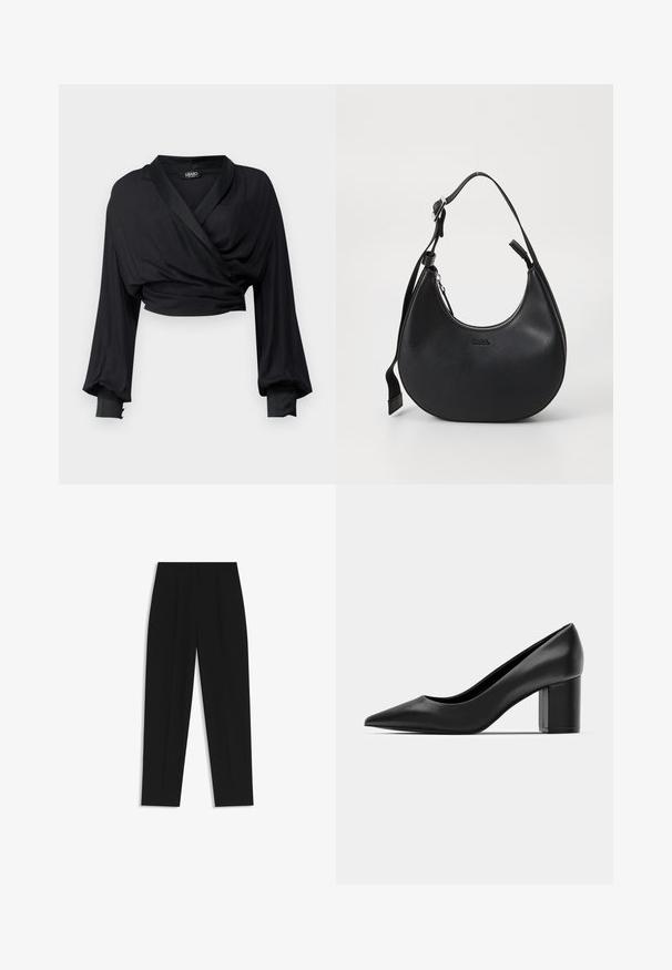 Top corto nero avvolgente realizzato in tessuto morbido, con maniche lunghe dotate di polsini elasticizzati e dettaglio in satin sul colletto.; Pantaloni neri a taglio dritto, con doppie pieghe, una texture liscia e un design classico in vita. Nessun hardware o dettaglio visibile.; Decolleté in pelle nera con punteggiatura e tacco quadrato spesso. Texture liscia, design semplice, adatto per ambienti formali.; Borsa a spalla in pelle nera con forma curva, chiusura con zip e tracolla regolabile. Presenta il logo del marchio impresso sulla parte anteriore.