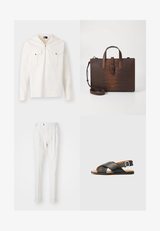 Krémová košeľa s dlhým rukávom a kapucňou, predným zapínaním na gombíky, dvoma náprsníkovými vreckami s chlopňami a hladkým povrchom látky.; Biele, prispôsobené nohavice s plochým predným dielom, dvoma záhybmi a zrolovanými manžetami. Vyrobené z hladkej tkaniny s gombíkovým zapínaním v páse.; Čierna kožená sandála s krížovými remienkami, otvorenou špičkou a remienkom okolo členka s kovovou prackou. Hnedá stielka a čierna podrážka. Jednoduchý dizajn.; Hnedá kabelka z kože s embosovaným vzorom krokodíla, vybavená hornými držadlami a odnímateľným ramenným popruhom. Má prackové zapínanie a obdĺžnikový tvar.