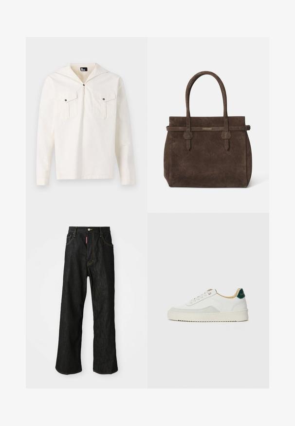 Langærmet creme skjorte med hætte, frontlukked med knapper, to brystlommer med klap og en glat stofstruktur.; Sorte lige jeans med gul syning, fem lommer, knaplukning og et lille rødt mærke på den front højre lomme.; Hvide sneakers med ruskindsdetaljer, rund tå, flade snørebånd og en cremet gummisål. Har grøn branding på hælen.; Mørkebrune suede tote-tasker med to håndtag og et vandret bånd med en lille gul DSQUARED2 logo-plakette.